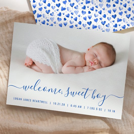 Baby Boy Foto Blue Script Hearts Birth Ankündigung