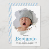 Baby Boy Foto Blue Script White Stripe Birth Ankündigung (Vorne/Hinten)