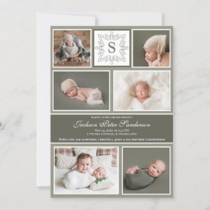 Baby Boy Foto Collage Olive Green Monogram Birth Ankündigung