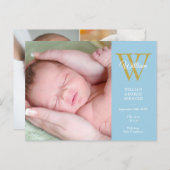 Baby Boy Foto Collage Script Monogram Blue Birth Ankündigungspostkarte (Vorne/Hinten)