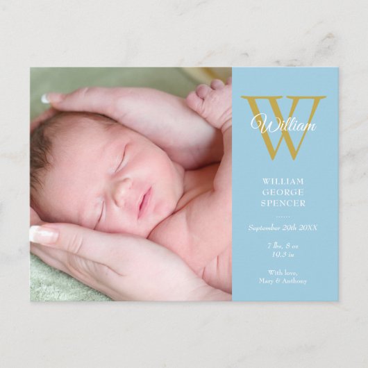 Baby Boy Foto Collage Script Monogram Blue Birth Ankündigungspostkarte (Vorderseite)