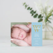 Baby Boy Foto Collage Script Monogram Blue Birth Ankündigungspostkarte (Stehend Vorderseite)