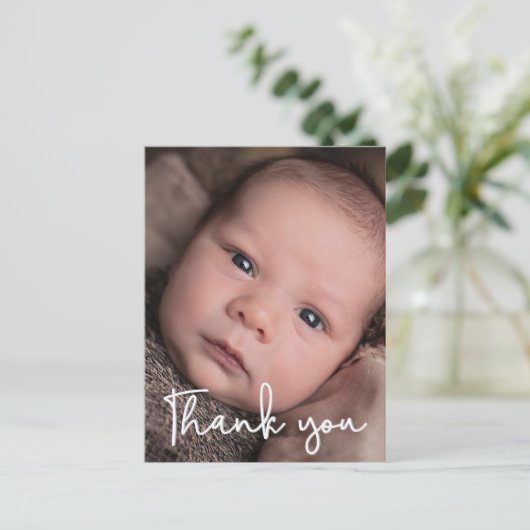 Baby Boy Foto Danke, Script Birth Postkarte (Stehend Vorderseite)