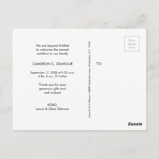 Baby Boy Foto Danke, Script Birth Postkarte (Rückseite)