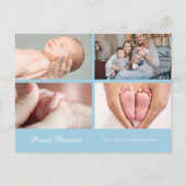 Baby Boy Foto Modernes, elegantes Script Blue Birt Ankündigungspostkarte (Rückseite)