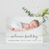 Baby Boy Foto Schwarz-weiß Script Hearts Birth Ankündigung (Stehend Vorderseite)