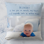 Baby Boy Foto und Adorable Message to Mama Kissen<br><div class="desc">Ein hübsches Foto-Kopfkissen für Ihre Fotos. Das Kissen hat eine niedliche Formulierung, die lautet: "Mama I Liebe Sie so sehr mein Herz könnte explodieren in eine Million Küsse". Die Vorlage ist Set für Sie, um ein Foto auf der Vorder- und Rückseite hinzuzufügen. Sie können auch so viele der Texte bearbeiten,...</div>
