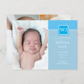 Baby Boy Fotos Blue Elegante Chic Monogram Birth Ankündigungspostkarte (Vorne/Hinten)