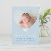 BABY BOY führt Foto-Herzrahmen in blass blau ein Einladung (Stehend Vorderseite)