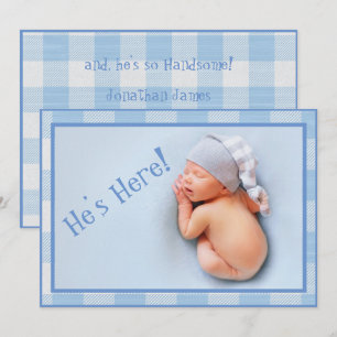 Baby Boy Gingham Kariert Modern Foto Birth Ankündigung