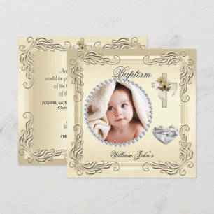 Baby Boy Girl Gold Cream Christening Taufkreuz Einladung