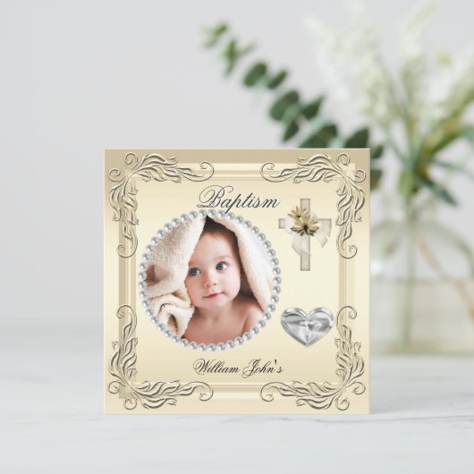 Baby Boy Girl Gold Cream Christening Taufkreuz Einladung (Stehend Vorderseite)