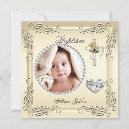 Baby Boy Girl Gold Cream Christening Taufkreuz Einladung (Vorderseite)