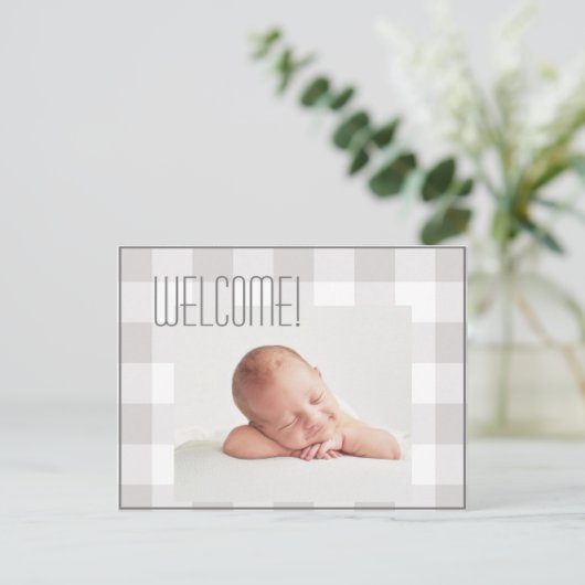 Baby Boy Girl Gray Karo Name Birth Stats Baby Ankündigungspostkarte (Stehend Vorderseite)