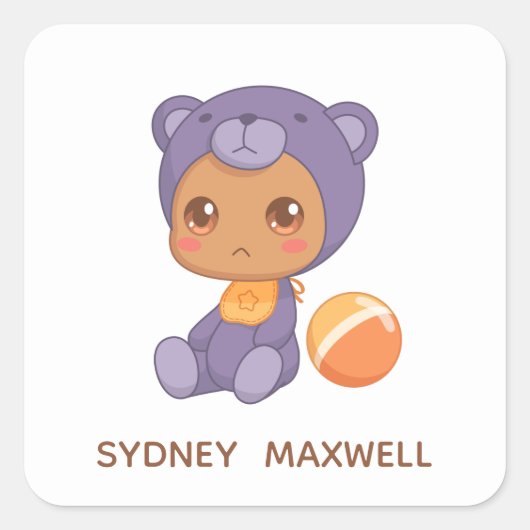 Baby Boy Girl Lila Bear Jumpsuit Individuelle Name Quadratischer Aufkleber (Vorderseite)