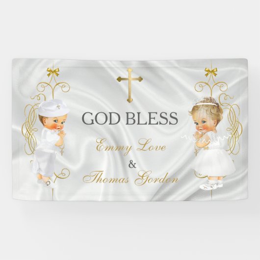 Baby Boy & Girl Twins Taufe Christening Gold Banner (Horizontal)