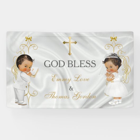 Baby Boy & Girl Twins Taufe Christening Gold Banner (Horizontal)
