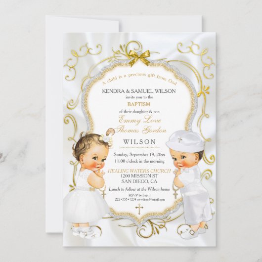 Baby Boy & Girl Twins Taufe Christening Gold Einladung (Vorderseite)