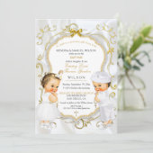 Baby Boy & Girl Twins Taufe Christening Gold Einladung (Stehend Vorderseite)