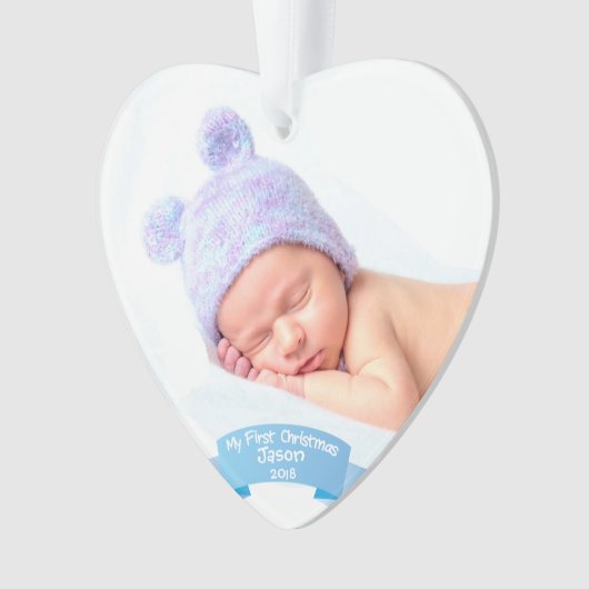 Baby Boy l First Christmas Foto Acryl Ornament (Vorderseite)