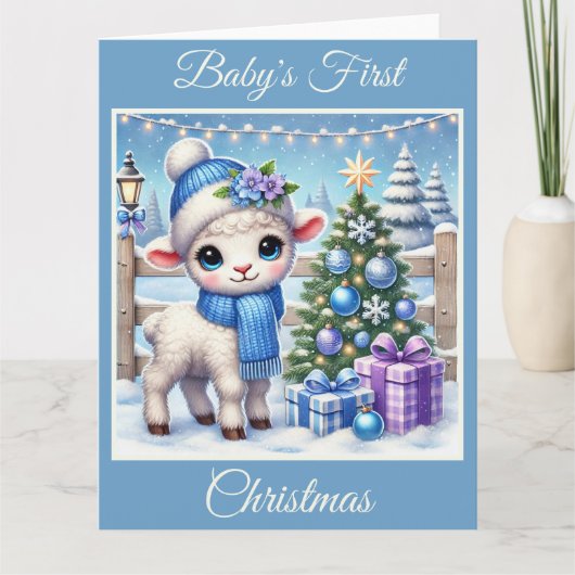 Baby Boy Lamb's First Christmas Karte (Vorderseite)