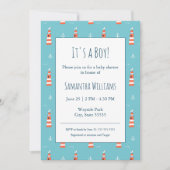 Baby Boy Lighthouse and Anchor Pattern on Blue Einladung (Vorderseite)