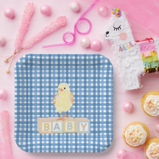 Baby Boy Little Chick Blue Gingham Pappteller (Party)