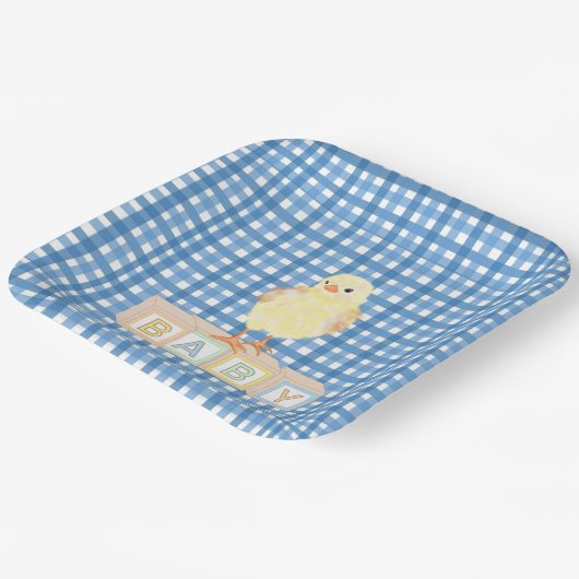 Baby Boy Little Chick Blue Gingham Pappteller (Gewinkelt)