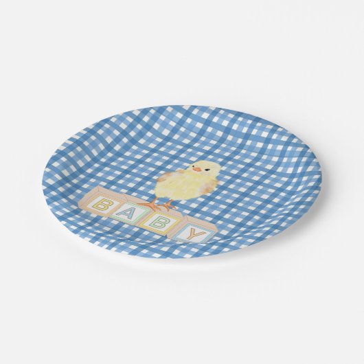 Baby Boy Little Chick Blue Gingham Pappteller (Schrägansicht)