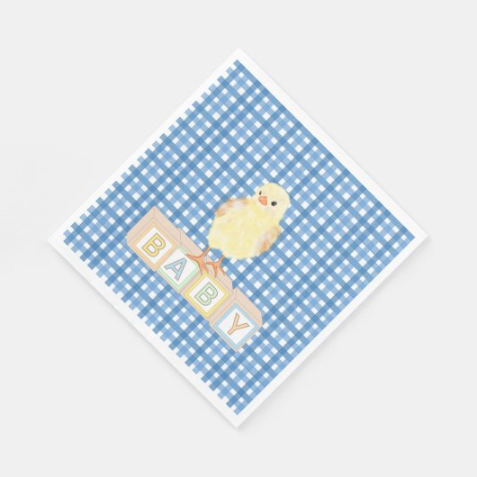 Baby Boy Little Chick Blue Gingham Serviette (Ecke)
