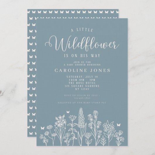 Baby Boy Little Wildblume Blue Baby Dusche Einladung (Vorne/Hinten)