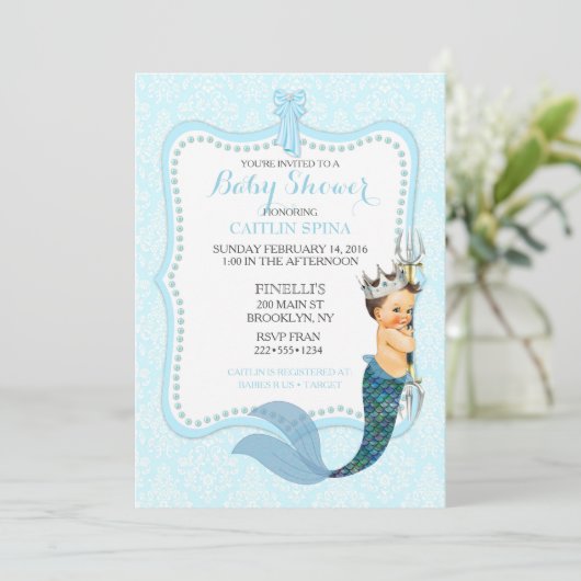 Baby Boy Merman Merboy Prince Crown Damask Invitat Einladung (Stehend Vorderseite)