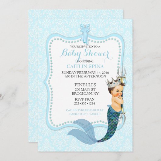 Baby Boy Merman Merboy Prince Crown Damask Invitat Einladung (Vorne/Hinten)
