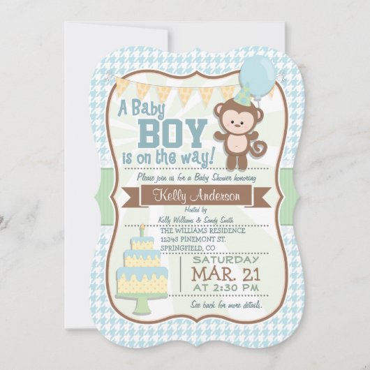 Baby Boy Monkey, Pastel Baby Dusche einladen Einladung (Vorderseite)