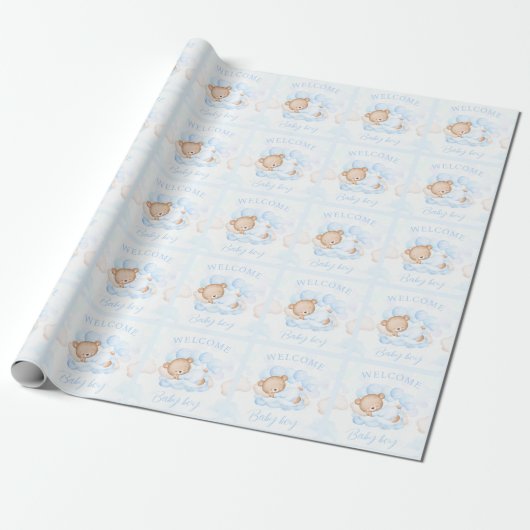 Baby Boy Name Blue Bear Geschenkpapier (Ungerollt)