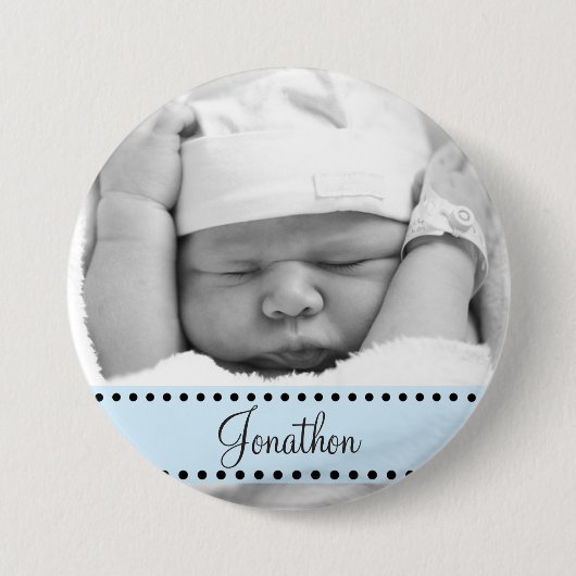 Baby Boy Name und Foto Magnet Blue Personalisiert Button (Vorderseite)