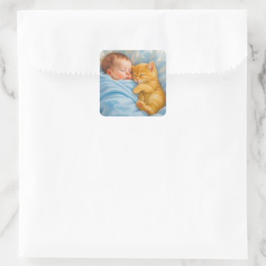 Baby Boy Napping mit Kitten Quadratischer Aufkleber (Tasche)