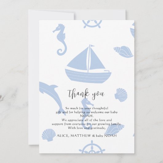 Baby Boy Nautical Blue Baby Dusche Elegantes Foto Dankeskarte (Rückseite)