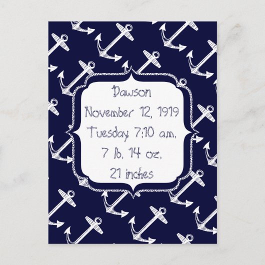 Baby Boy Nautical Navy Blue Anchor Muster Postkarte (Vorderseite)