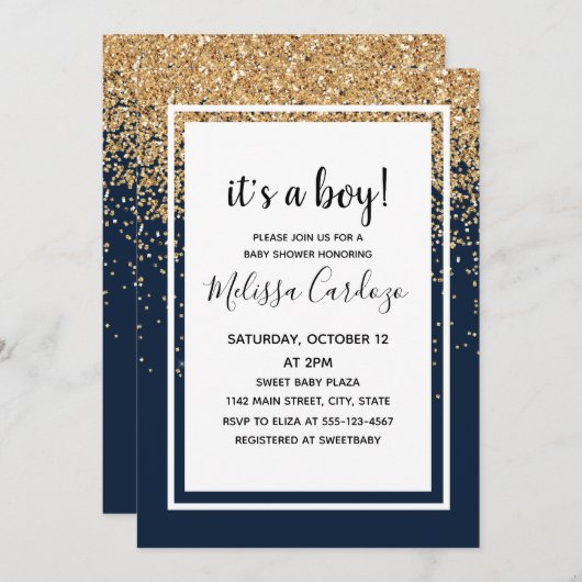 Baby Boy Navy Blue Glitzer Babydusche Einladung (Vorne/Hinten)
