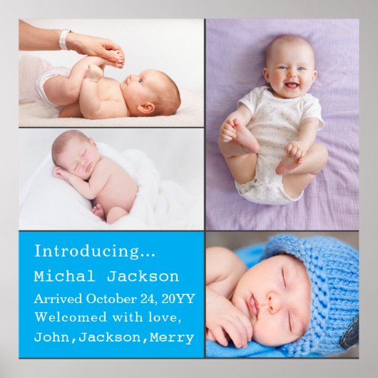 Baby Boy Neugeborenes Foto Geburtsankündigung Blue Poster (Vorne)