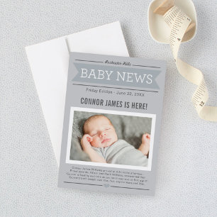 Baby Boy News Modern Grau Foto Geburt Ankündigung
