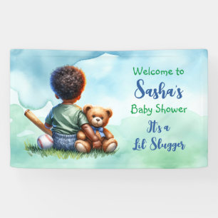 Baby Boy of Color mit seiner Teddy Bear Baby Showe Banner