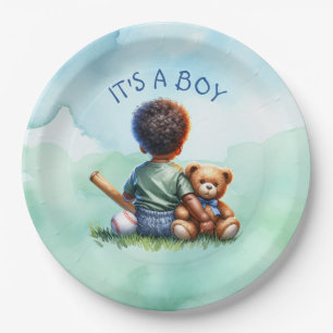 Baby Boy of Color mit seiner Teddy Bear Baby Showe Pappteller