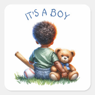 Baby Boy of Color mit seiner Teddy Bear Baby Showe Quadratischer Aufkleber