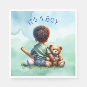 Baby Boy of Color mit seiner Teddy Bear Baby Showe Serviette