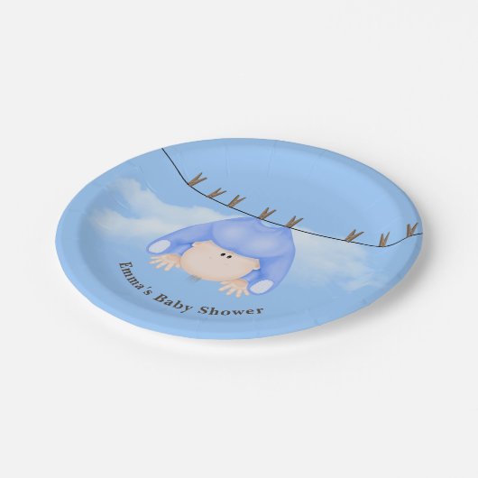 Baby Boy on Clothesline Paper Plate Pappteller (Schrägansicht)