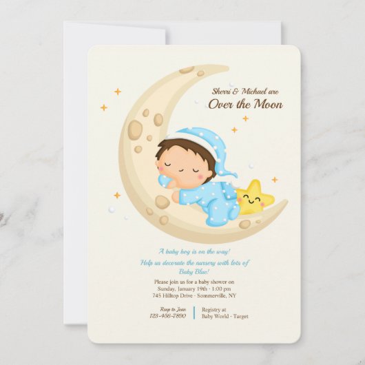 Baby Boy Over the Moon Baby Shower Einladung (Vorderseite)