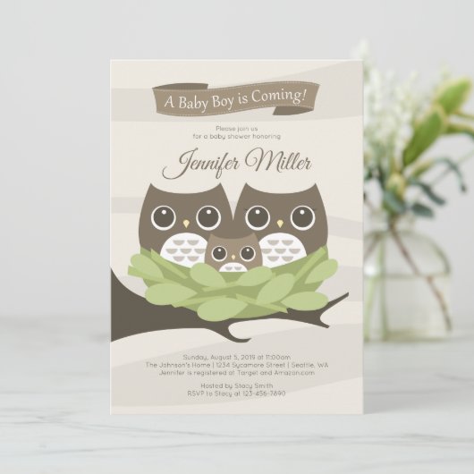Baby Boy Owl Familiendusche Einladung (Stehend Vorderseite)