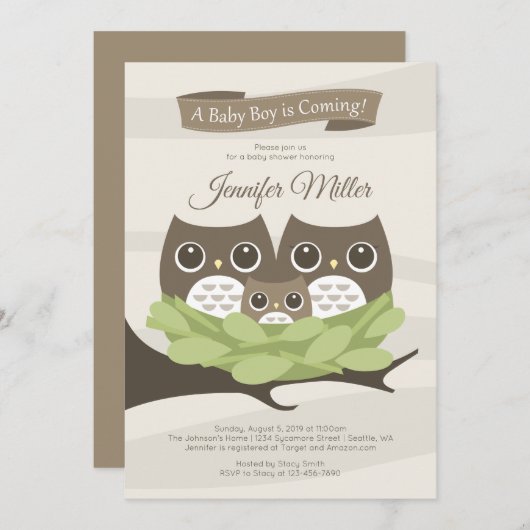 Baby Boy Owl Familiendusche Einladung (Vorne/Hinten)